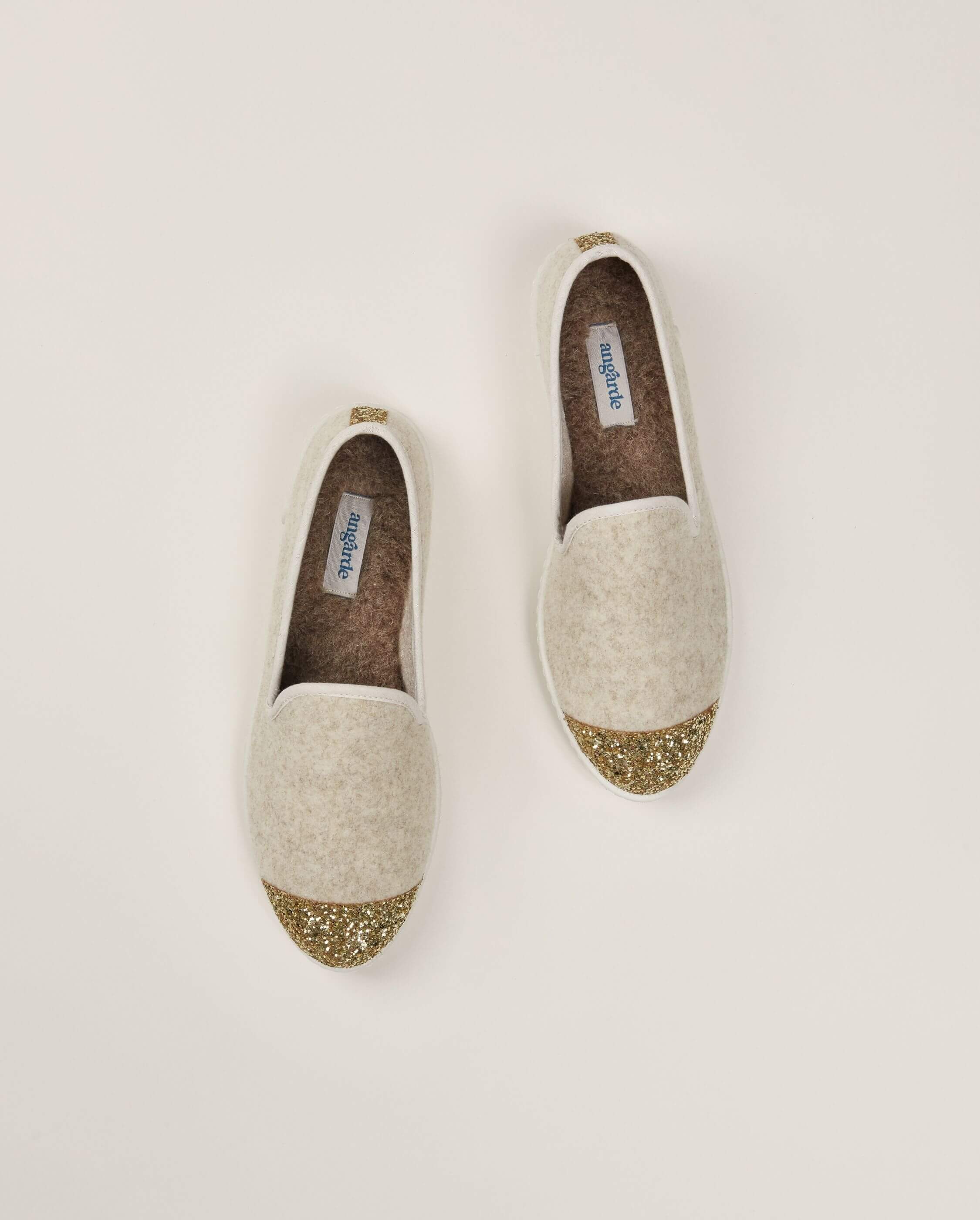 Chausson femme beige paillettes en laine recycl e Angarde ANGARDE