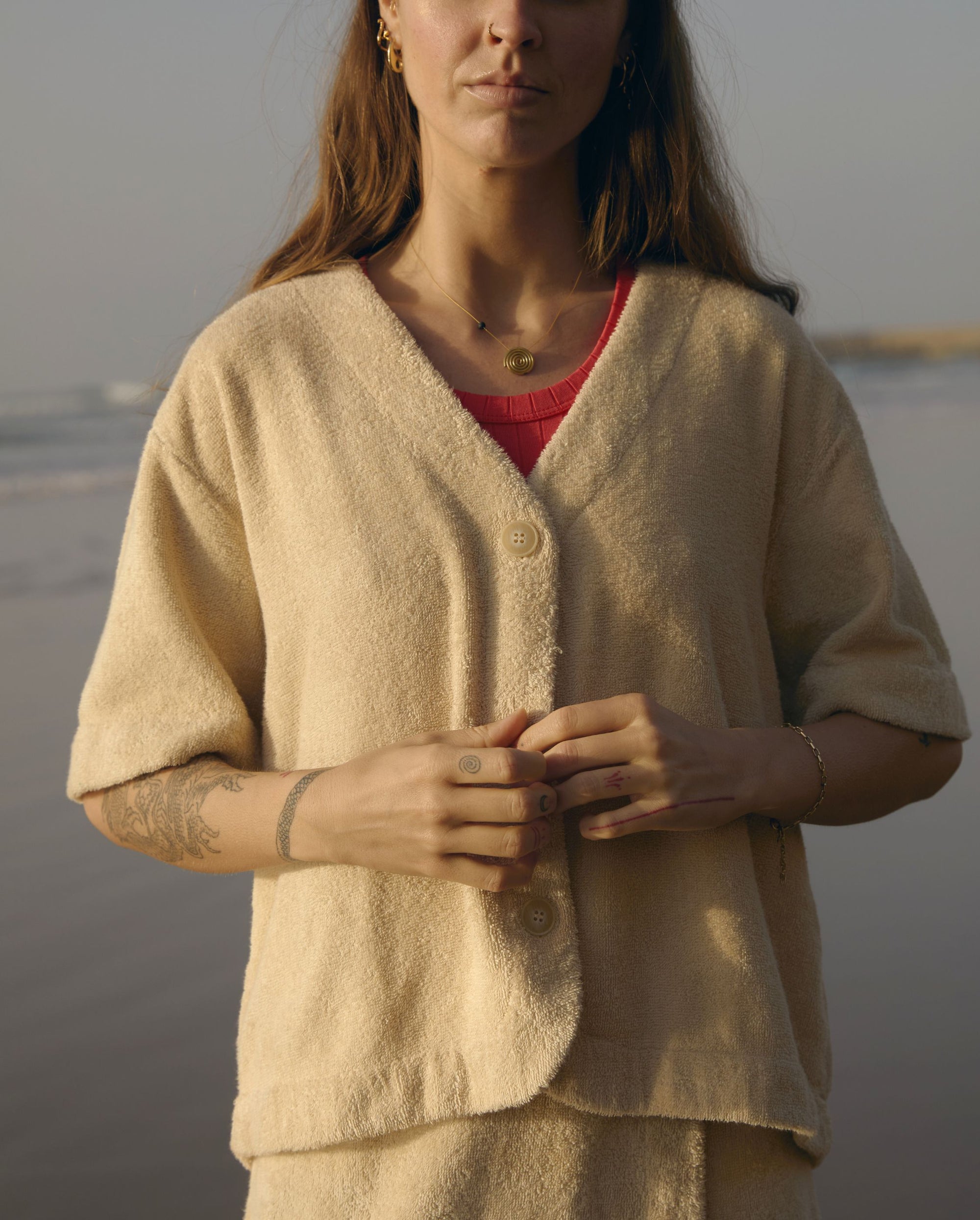 Women's organic cotton terry shirt, beige
