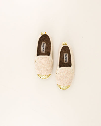 Chausson enfant laine, beige paillettes dessus Angarde