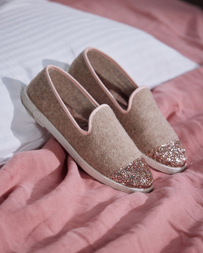 Women's wool slipper, camel glitter