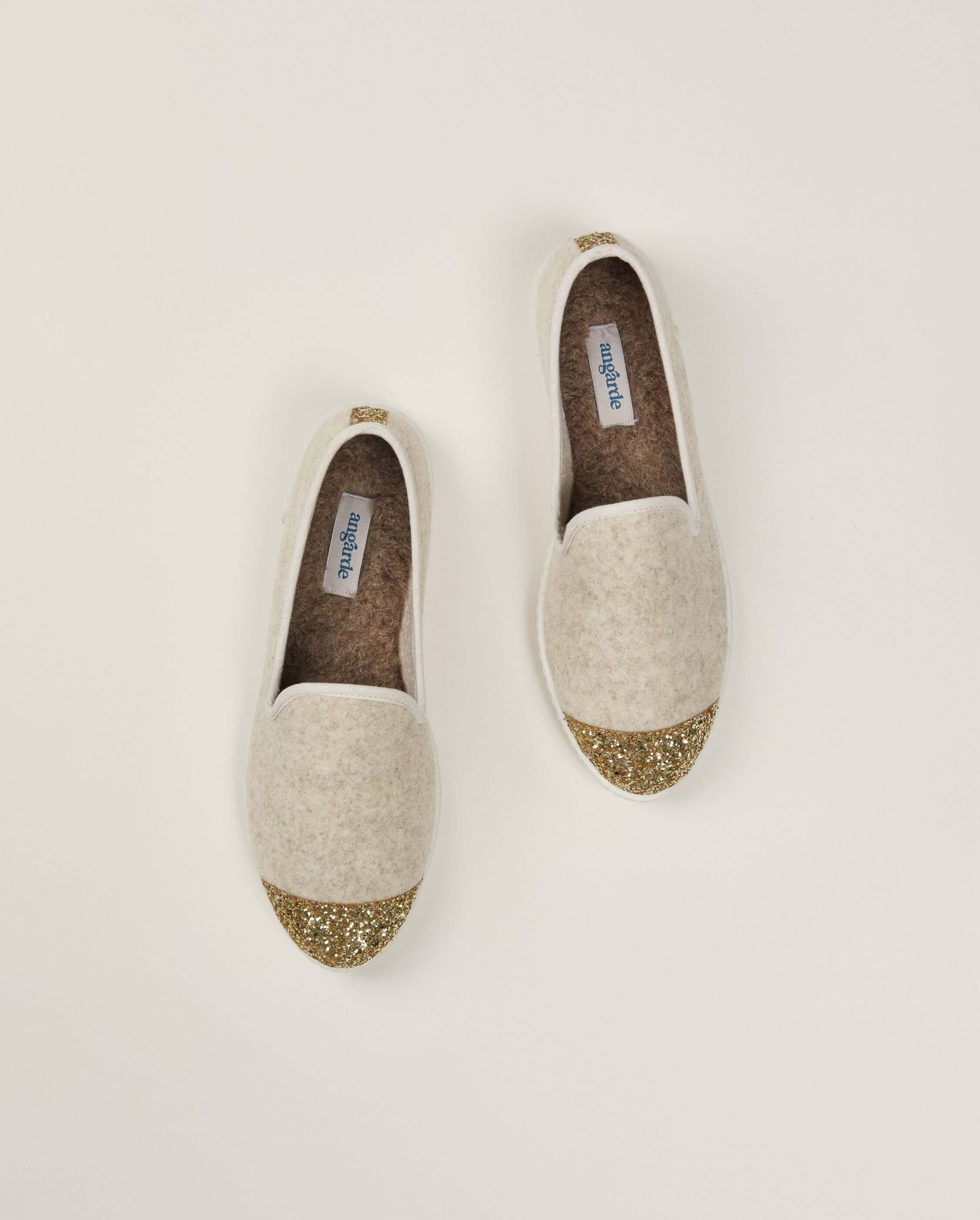 Chausson femme beige paillettes en laine recyclee Angarde