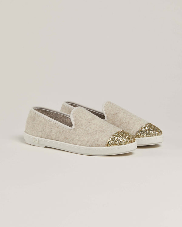 Chausson femme Bruson, laine beige paillettes