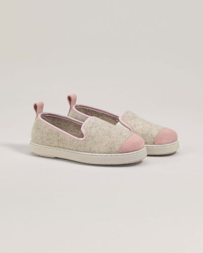 Chausson enfant laine, beige rose poudré profil Angarde