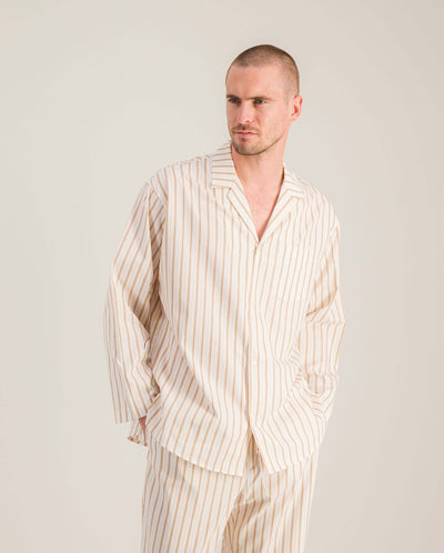 Chemise pyjama homme coton bio, rayures beiges face Angarde