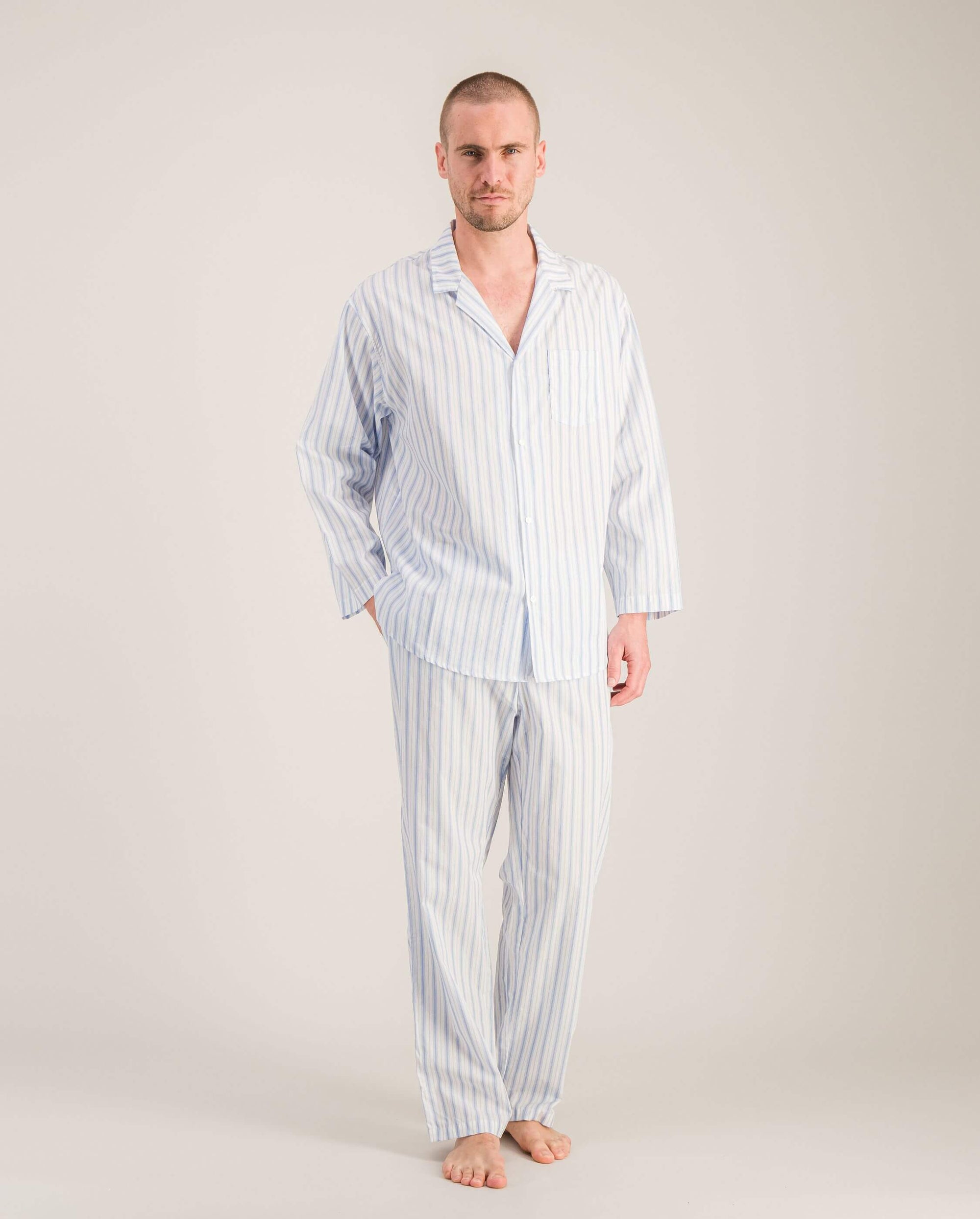 Chemise pyjama homme coton bio, rayures bleues plein pied Angarde