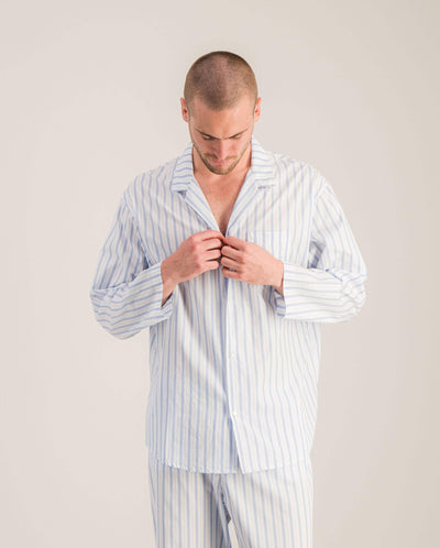 Chemise pyjama homme coton bio, rayures bleues bouton Angarde