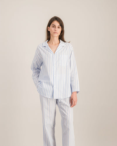 Chemise pyjama femme coton bio, rayures bleues