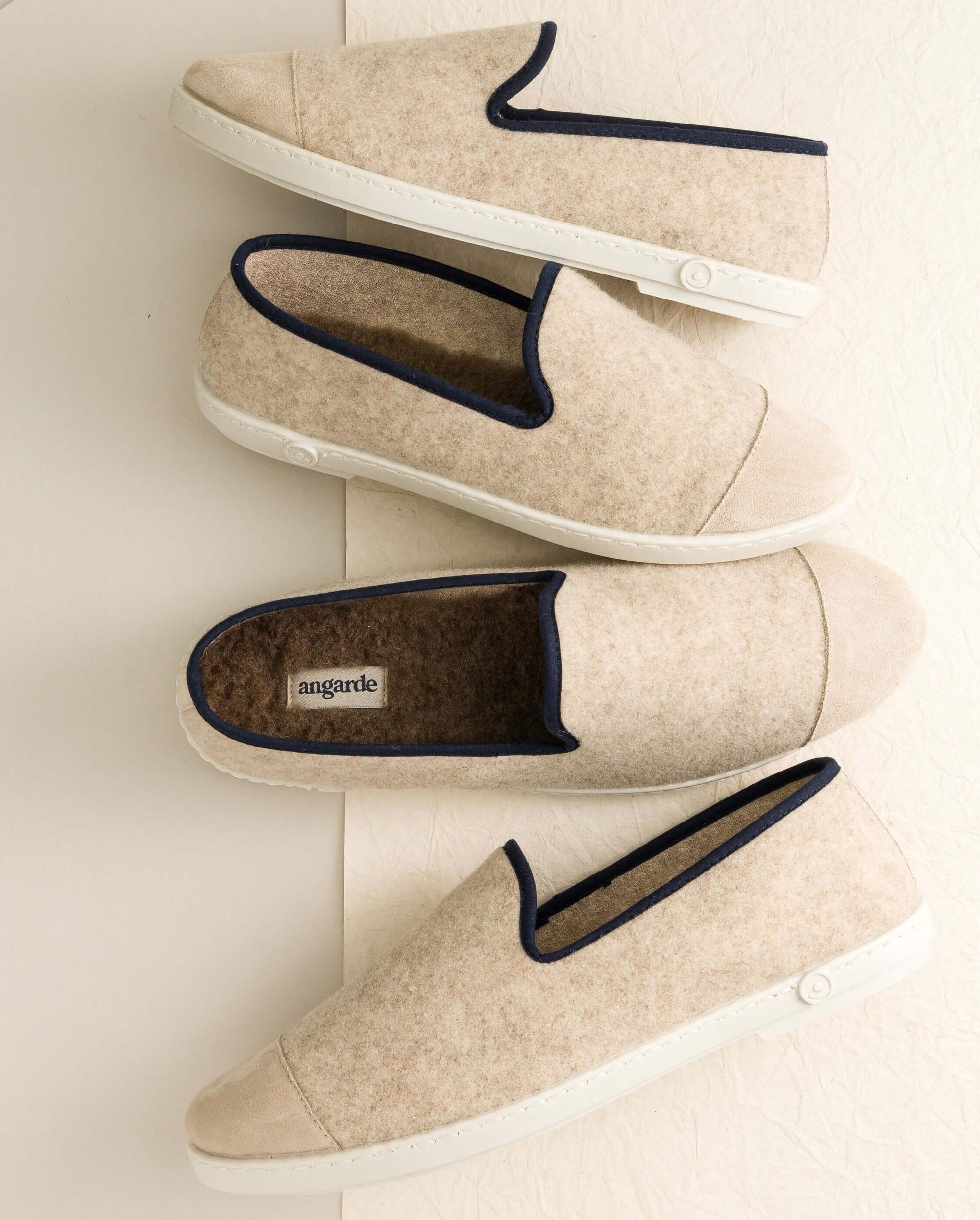 Duo chausson homme femme laine beige biais marine Angarde