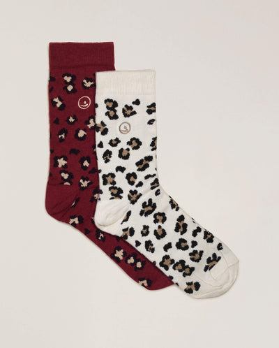 Pack 2 paires chaussettes femme léopard, blanc-bordeaux Angarde packshot plat