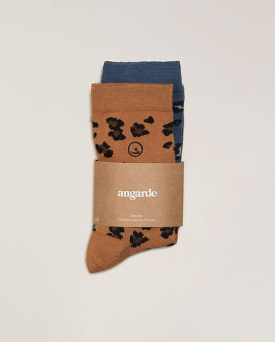 Pack 2 paires chaussettes femme léopard, camel-bleu Angarde packshot cavalier