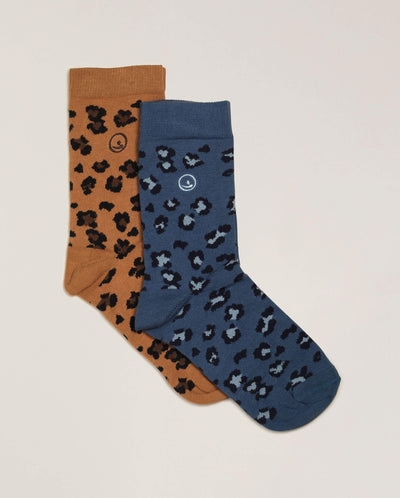 Pack 2 paires chaussettes femme léopard, camel-bleu Angarde packshot plat