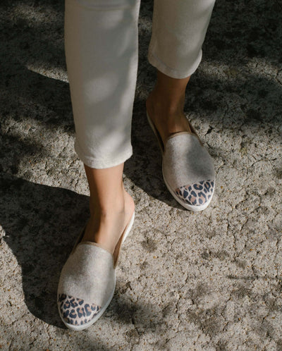 Women's wool &amp; leather mules, leopard beige