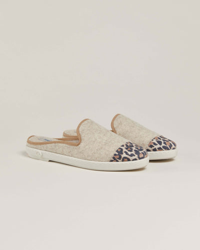 Women's wool &amp; leather mules, leopard beige