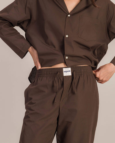 Pantalon pyjama femme coton bio, chocolat close up Angarde