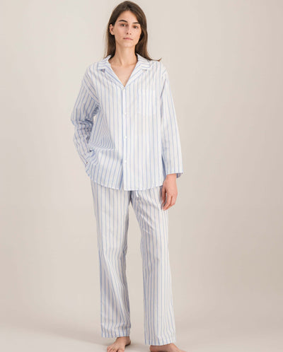 Pantalon pyjama femme coton bio, rayures bleues face Angarde