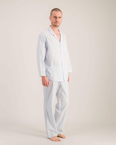 Pantalon pyjama homme coton bio, rayures bleues plein peid Angarde