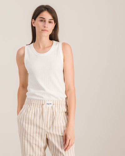 Women's organic poplin pants, beige stripes