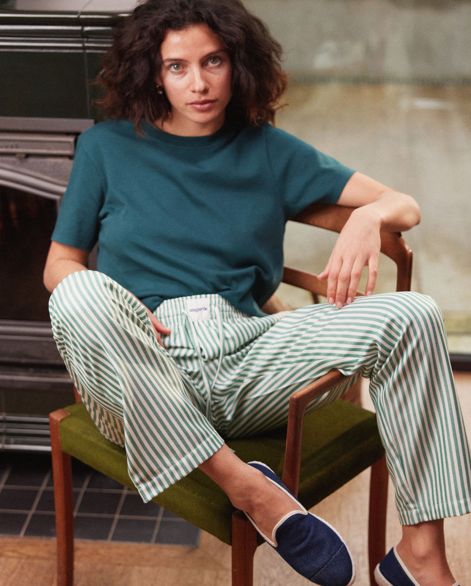 Women's Tencel pajama pants, mint stripes