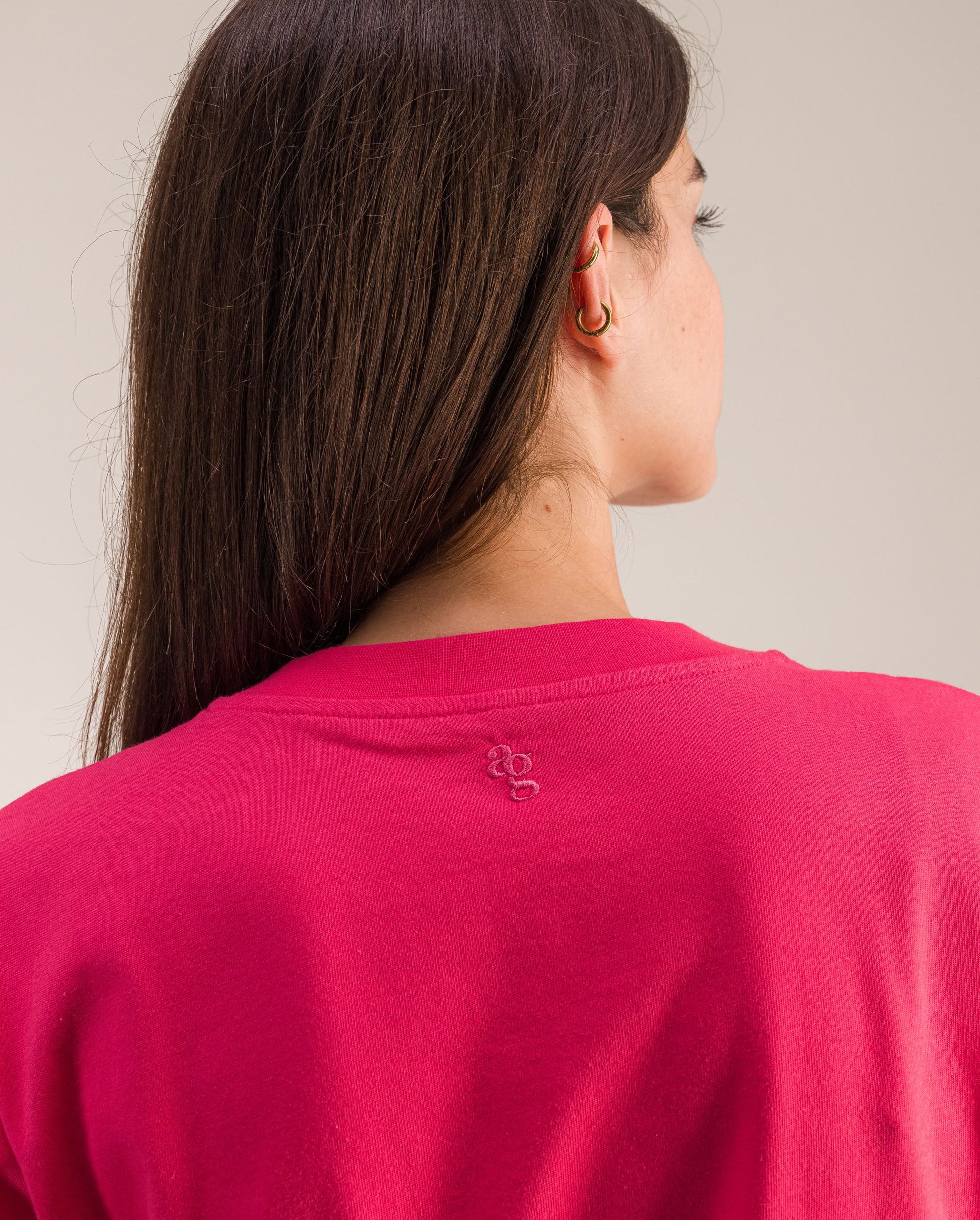 T-shirt femme coton bio, fuchsia zoom logo Angarde