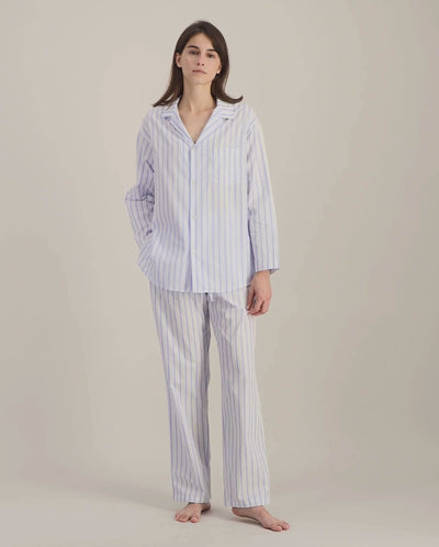 Pyjama femme coton bio, rayures bleues vidéo Angarde